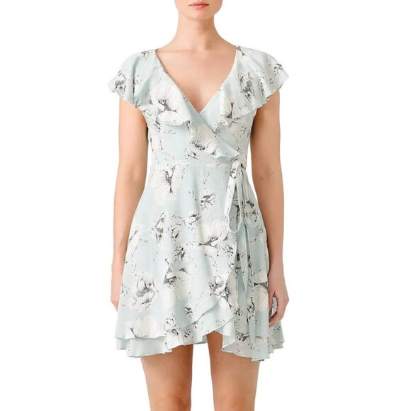 Free People Floral French Quarter Mini Wrap Dress, Mint Baby Blue, XS - Picture 1 of 9